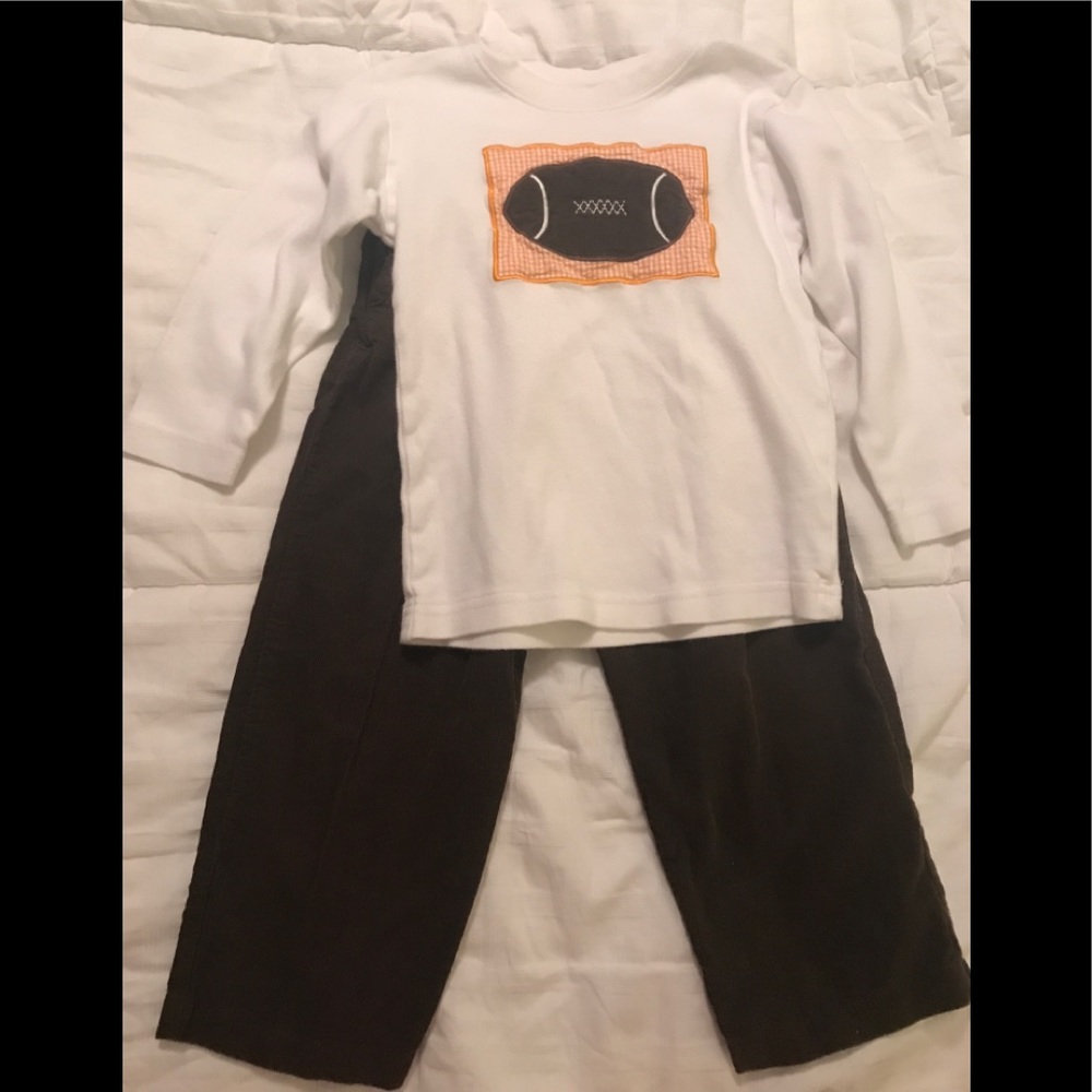 Football appliqué outfit with brown corduroy pants